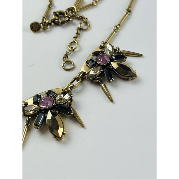 J. Crew Gold Tone Rhinestones Pink Spike Dangles Necklace Smoky Black White Flor - Picture 5 of 16